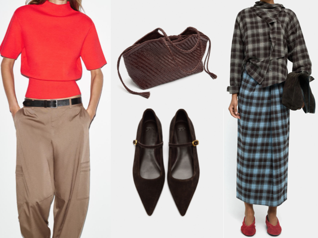 Taillierter roter Pullover, karierte Bluse mit Wickelschal, Karo-Midirock, Geflochtene Ledertasche und spitze flache Mary Janes peppen deinen Kleiderschrank auf.